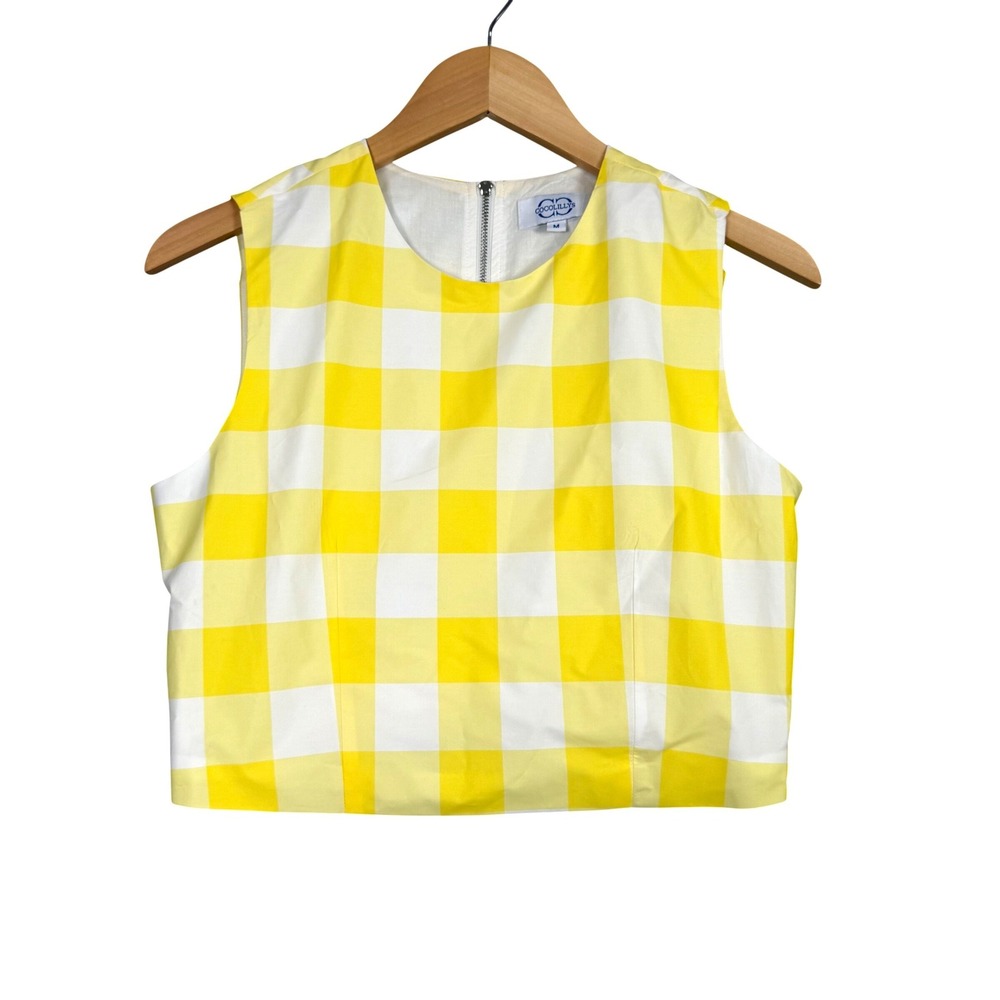 Cocolillys Gingham Crop Top Women Medium Yellow White Checkered Sleeveless Zip